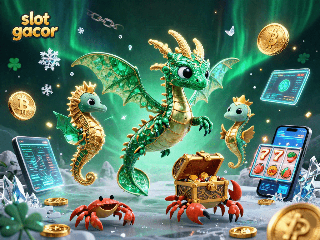 Menangkan slot gacor dengan ilustrasi kasino yang menampilkan naga laut dan simbol keberuntungan.