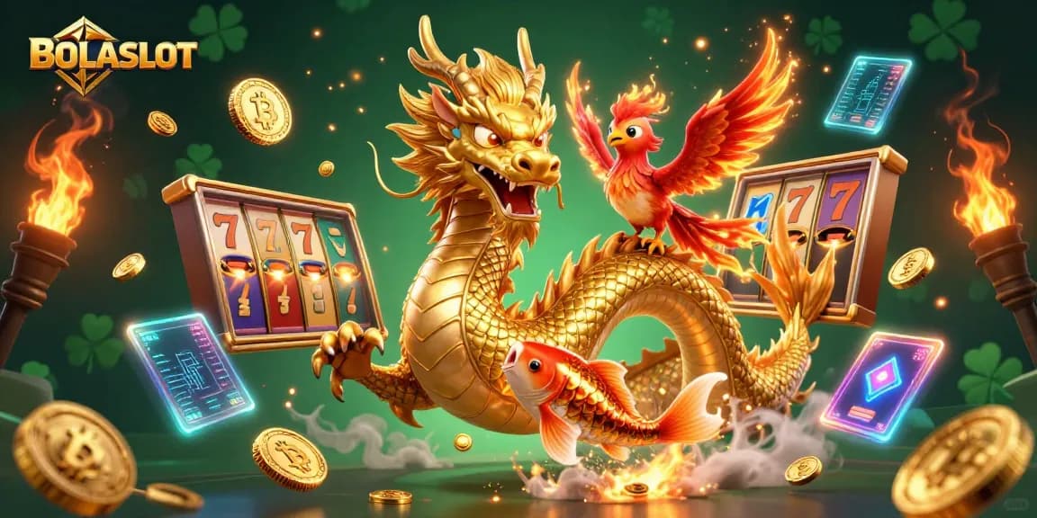Spin and win big at BOLASLOT with a dynamic 3D casino scene featuring a golden dragon, phoenix, and koi fish.
