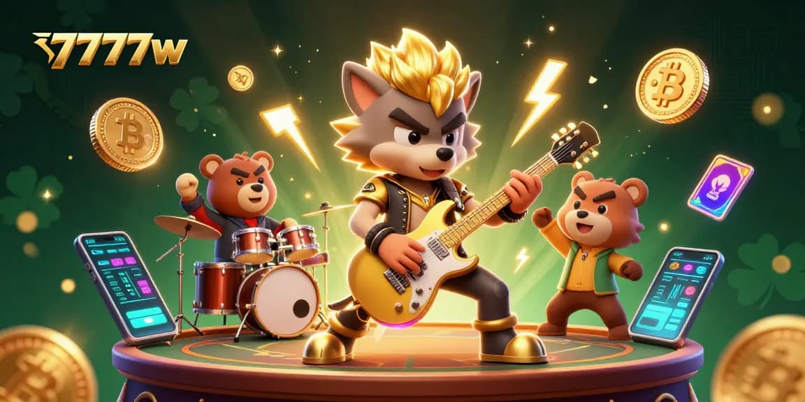 Experience thrilling wins at 7777w with vibrant action from the rock star wolf and drummer bear on stage.