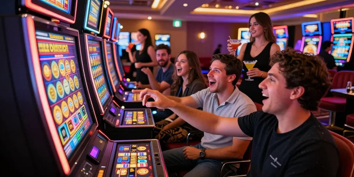 Mesin slot yang sedang memunculkan jackpot dengan koin jatuh di kasino yang ramai.