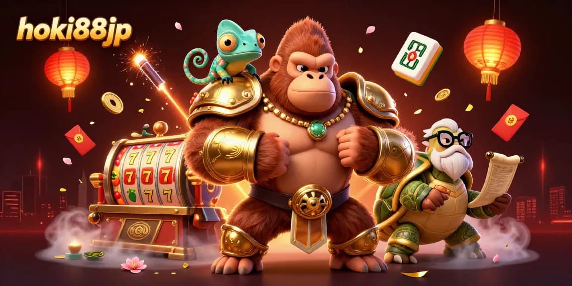 Hoki88jp menghadirkan pengalaman bermain slot online yang seru dengan roda slot, koin giok, dan simbol keberuntungan dalam ilustrasi 3D.