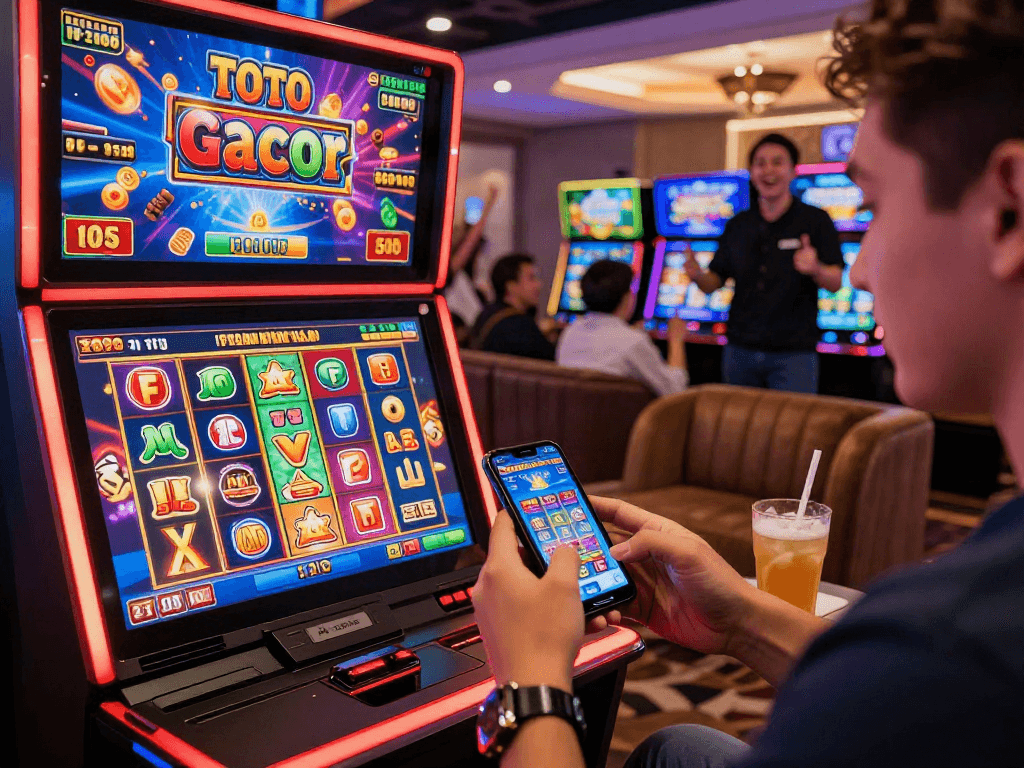Pengguna memainkan Toto Slot Gacor di kasino online dengan suasana meriah dan grafis berwarna-warni.