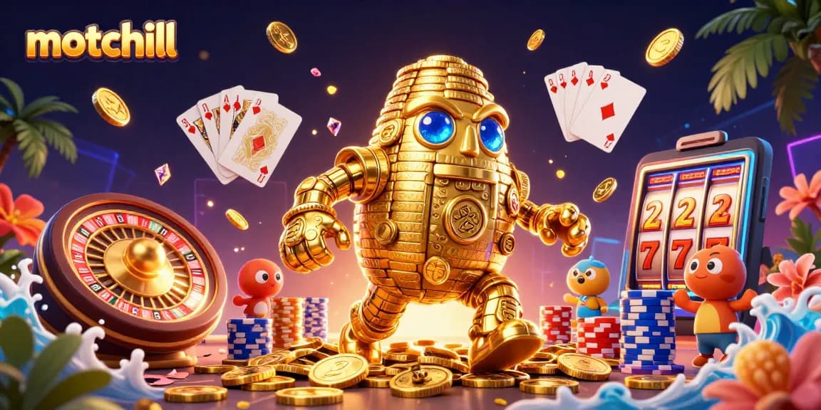 Experience thrilling wins at motchill with slot machines and golden golems in an action-packed casino scene.