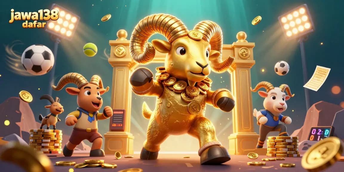 Jawa138 daftar mempersembahkan ilustasi 3D ram emas beradu dengan elemen judi yang menarik.