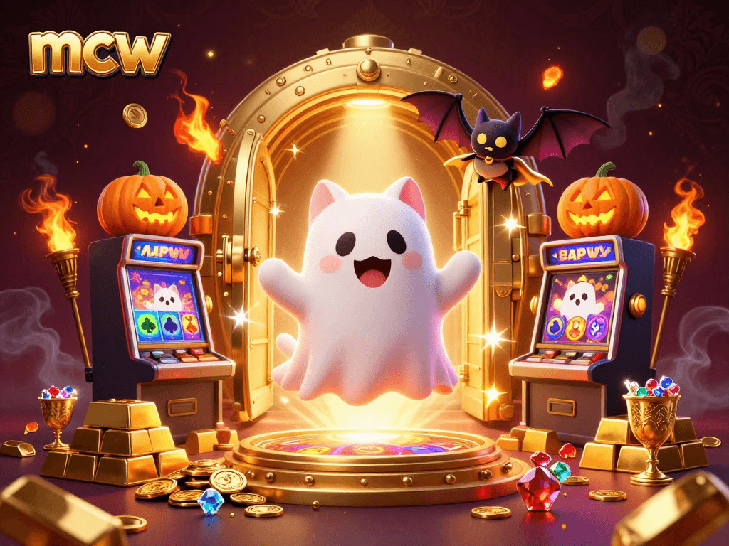 Engage with mcw's lively ghost cat and bat in a vibrant casino setting.