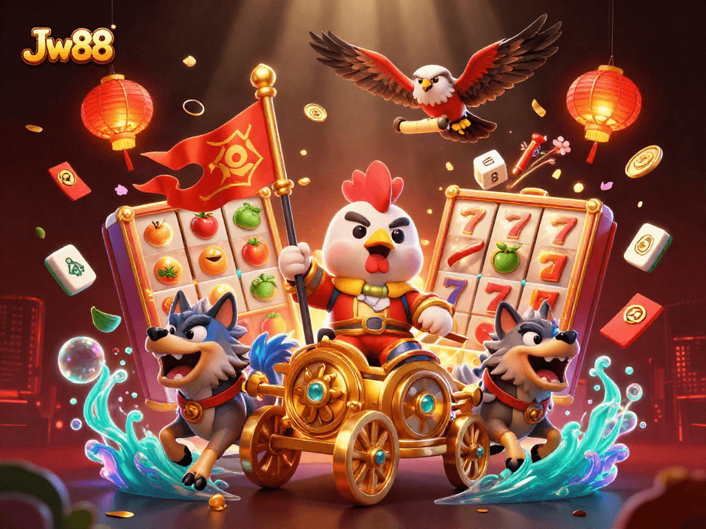 Invite excitement at Jw88 with a dynamic scene featuring a rooster warlord, slot reels, and winning symbols.