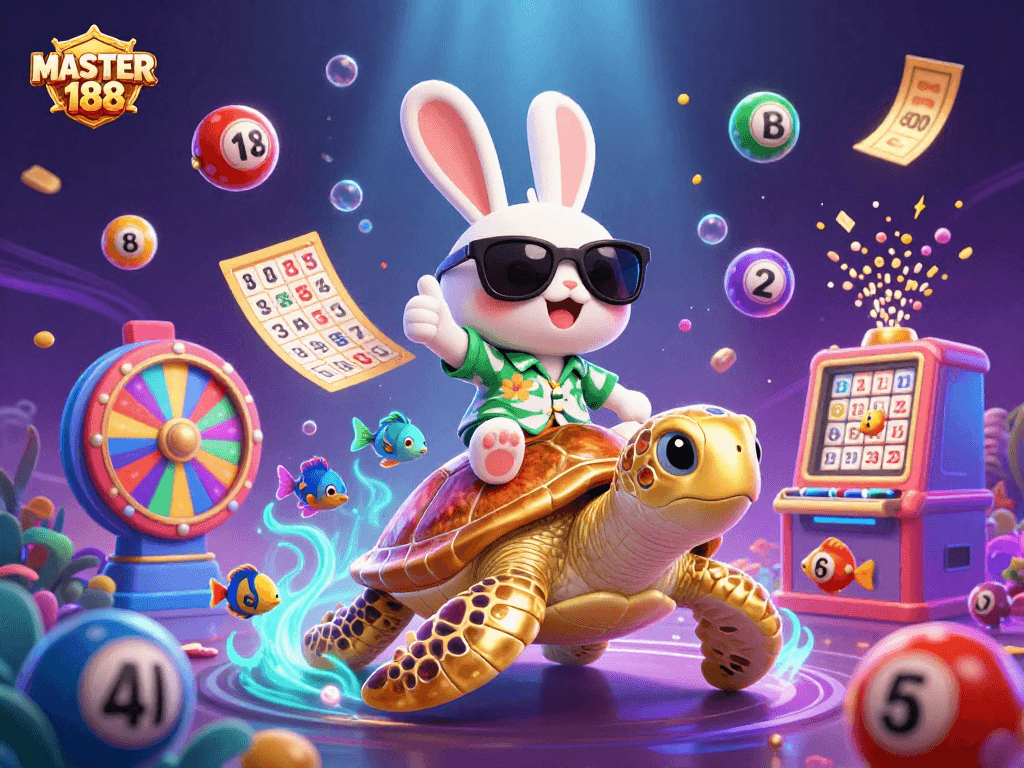 MASTER188 game illustration with a lucky rabbit and sea turtle amidst vibrant casino elements.