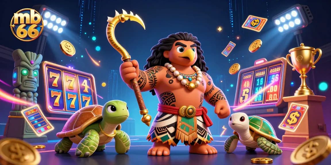 Spin to win with mb 66 in a vibrant 3D casino scene featuring dynamic slot elements and tribal characters.
