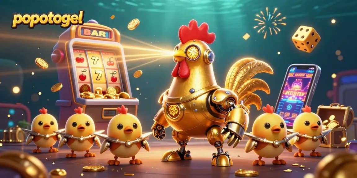 Win big with popotogel as the golden rooster robot leads a jackpot explosion in a casino-themed scene.