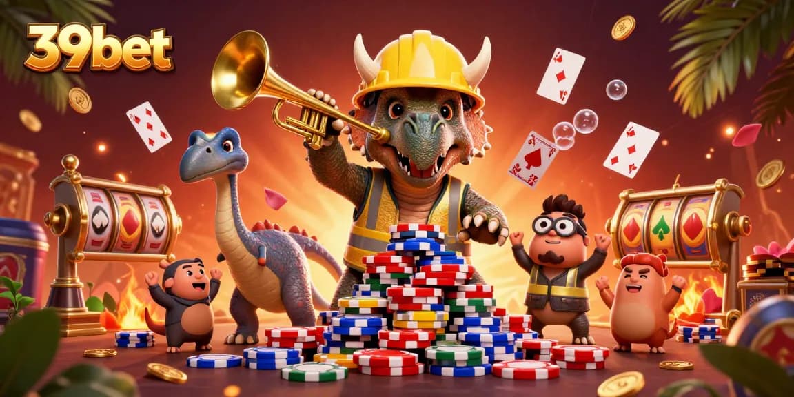 Join the excitement at 39bet with dynamic gaming scenes featuring poker chips and celebration.