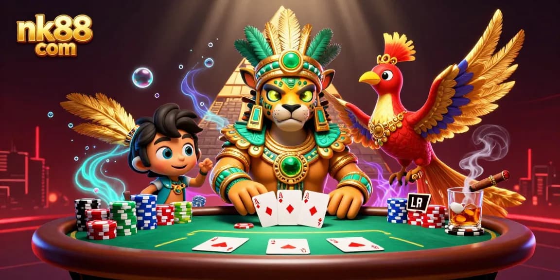 Experience thrilling gameplay at nk88 com with a vibrant 3D illustration showcasing a dynamic casino scene, featuring poker elements and Mayan motifs.