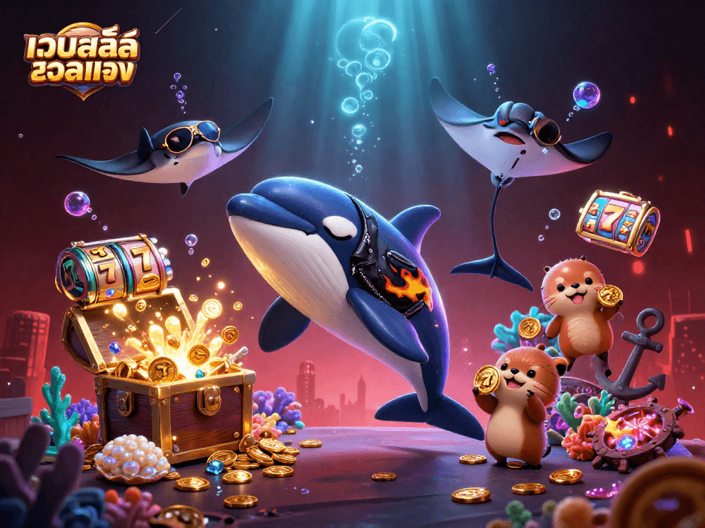 Engage with the exciting world of เว็บสล็อตตรง featuring a dynamic underwater scene with characters and slots.