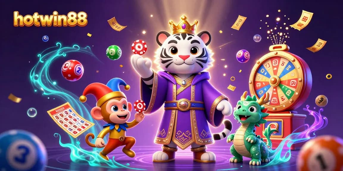 Permainan slot seru dengan hotwin88 menampilkan harimau putih megah bermahkota dan monyet emas yang mengocok chip poker.