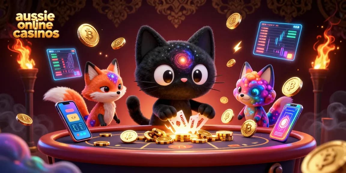Engaging scene of aussie online casinos featuring a black hole cat and colorful nebula fox at a cosmic gaming table.