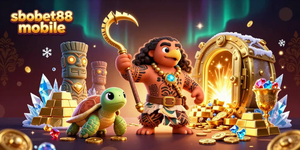 Engage with sbobet88 mobile in a vibrant 3D gambling scene featuring treasure and excitement.