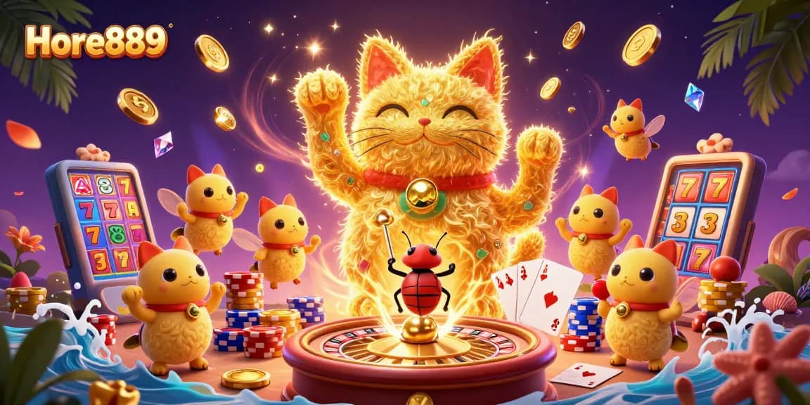 Hore889 offers dynamic gaming thrills with a lucky cat and vibrant casino symbols.