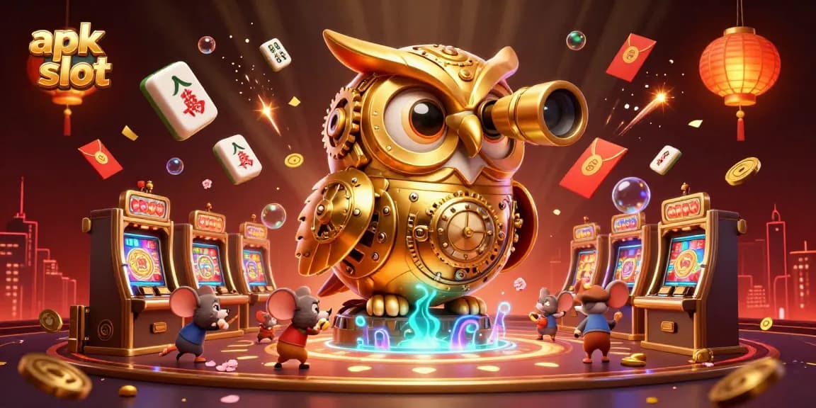 Mainkan apk slot dengan mesin slot yang berkilauan dan ikon keberuntungan lainnya dalam suasana kasino yang meriah.