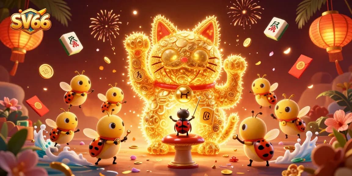 Experience the excitement of SV66 online gaming with a vibrant lucky cat illustration surrounded by casino symbols.