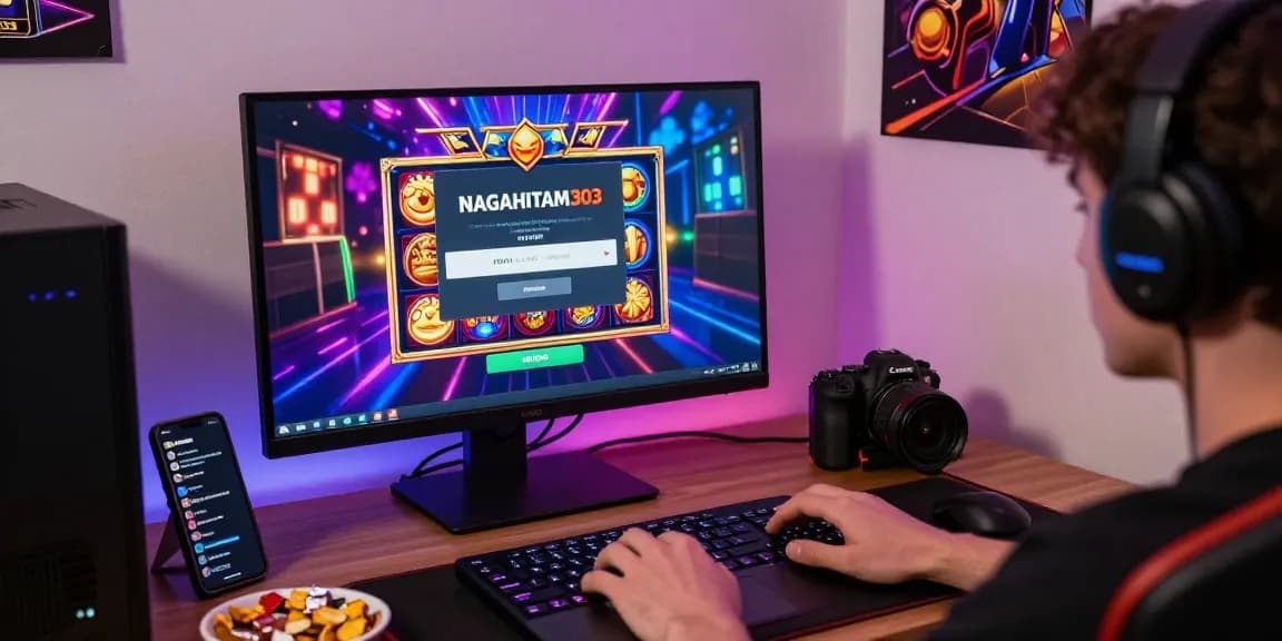 pengguna nagahitam303 login untuk bermain slot online dengan suasana ceria dan layar laptop menampilkan grafis permainan menarik