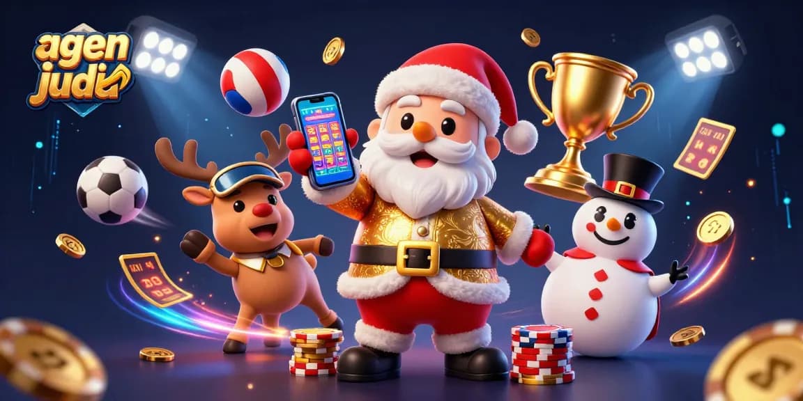 Experience the excitement of agen judi bola with Santa Claus and friends celebrating big wins.