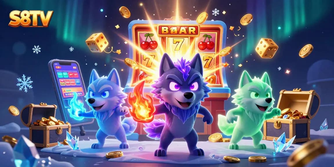 S8TV sports betting triumph with glowing wolf pack, jackpot excitement, and immersive casino action