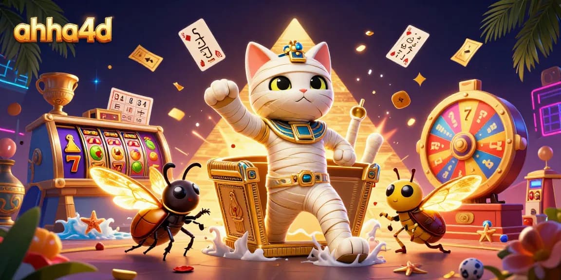 Engage with ahha4d's vibrant gaming scene featuring a dynamic Egyptian mummy cat and thrilling slot elements.