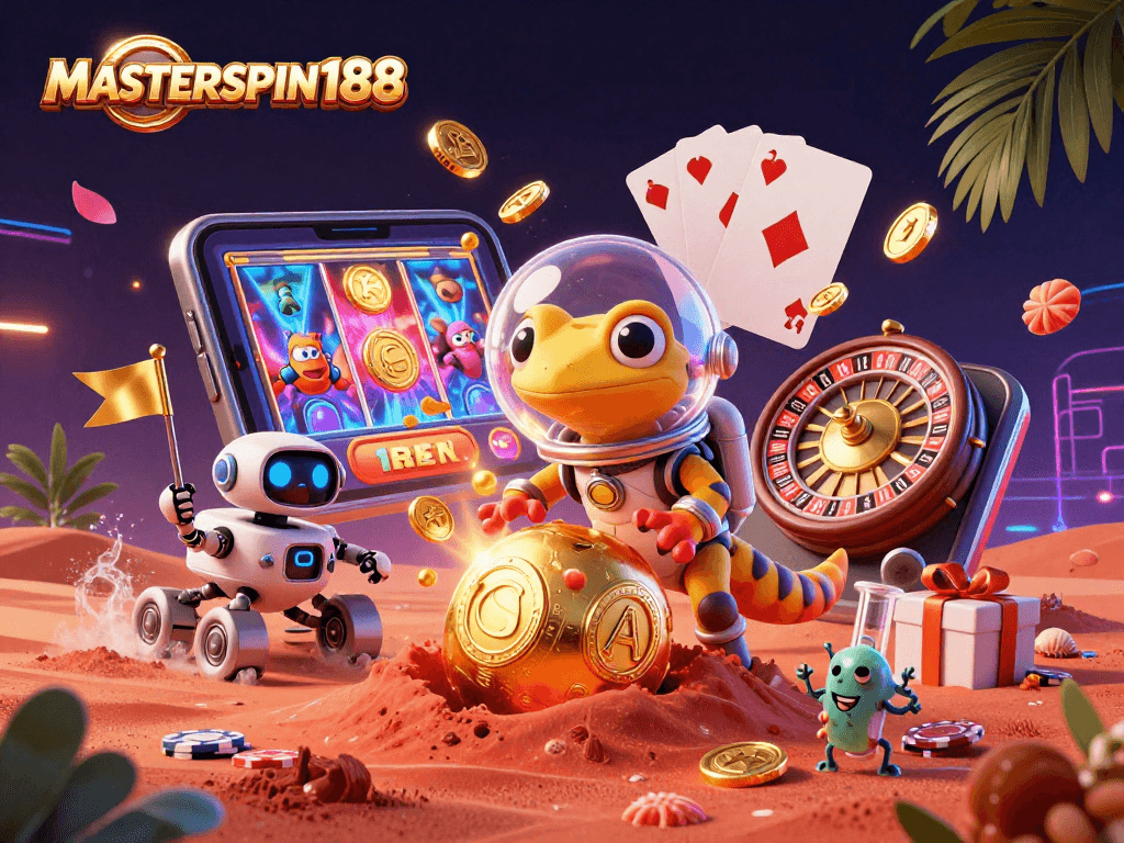 Engage with MASTERSPIN188's vibrant casino adventure featuring a Martian gecko and dynamic game elements.