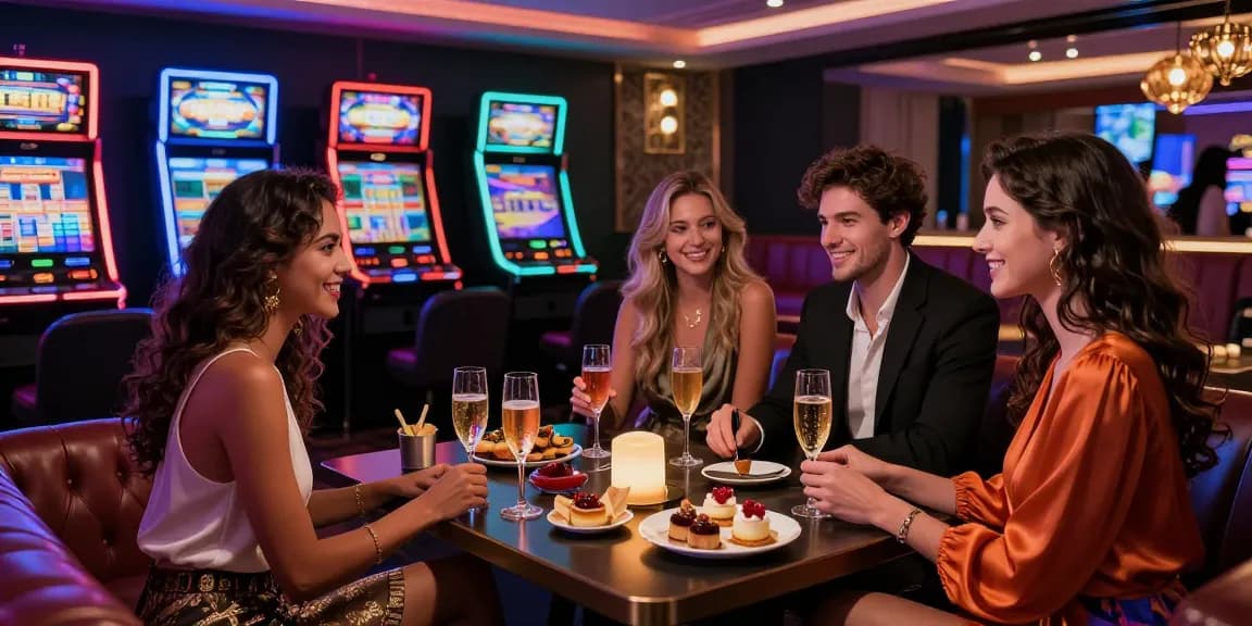 Suasana mewah di lounge permainan LUXURY777 dengan teman-teman berpakaian elegan dan mesin slot canggih.