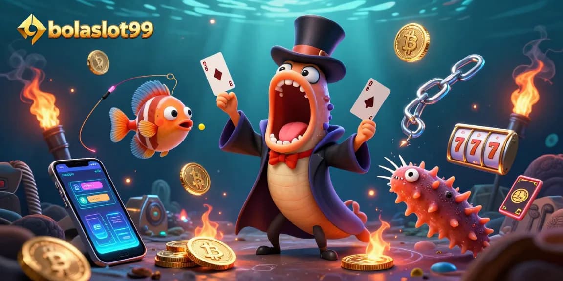 Experience bolaslot99 with a vivid 3D scene of slot games featuring glowing Bitcoin and Ethereum in a magical underwater world.
