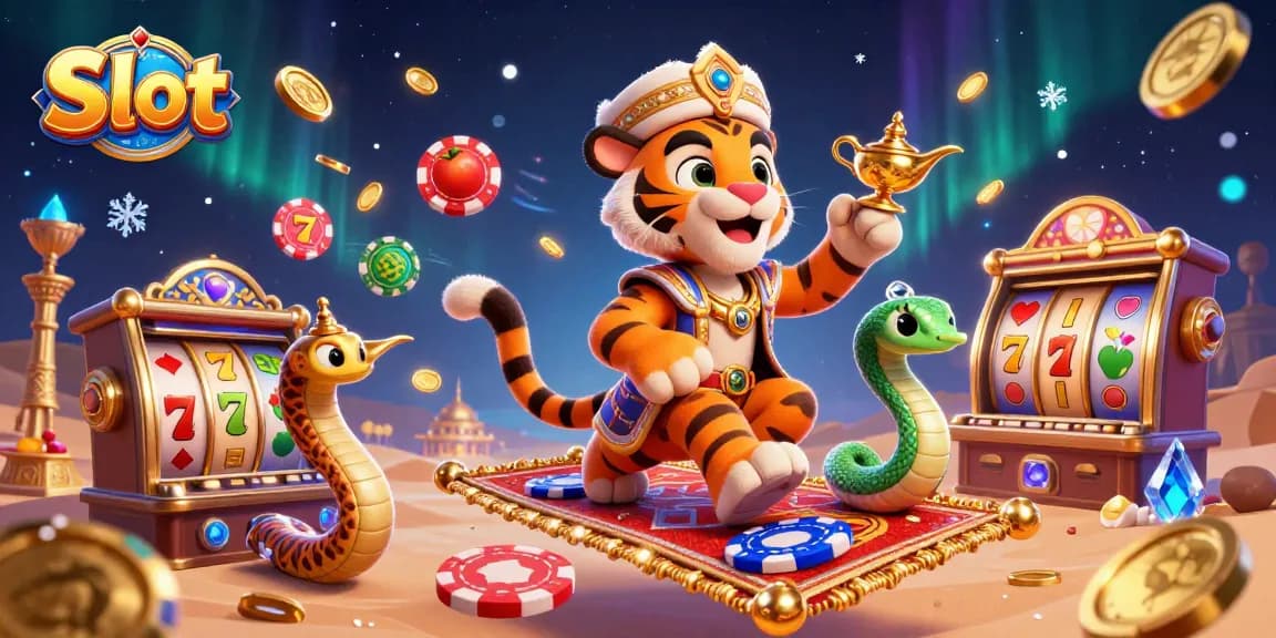 Experience Slot excitement with a vibrant tiger sultan and dynamic jackpot symbols in this action-packed illustration.