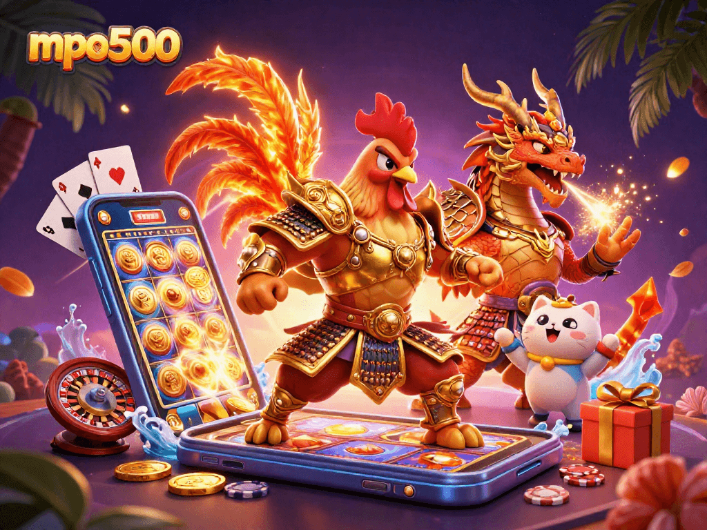 Merayakan taruhan dengan mpo500, ilustrasi ketangkasan ayam dan naga di kasino 3D.