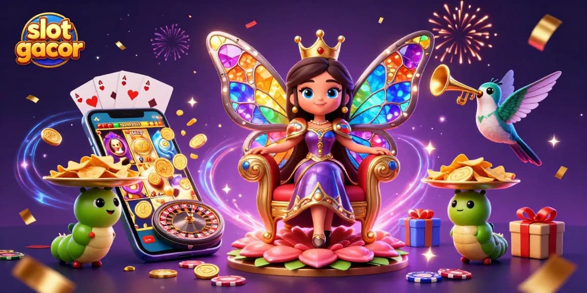 Slot gacor menghibur pemain dengan ilustrasi ratu kupu-kupu dan elemen mesin slot yang menakjubkan.