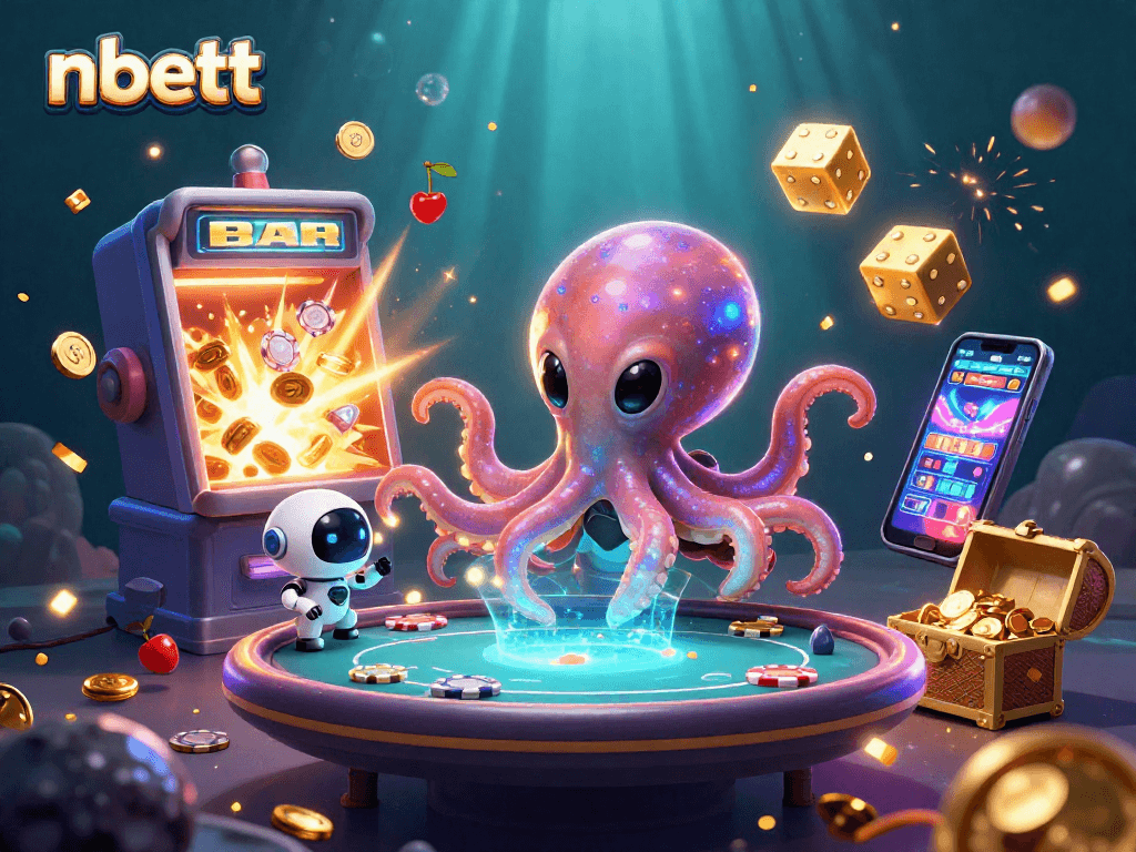 Engage with nbett's exciting casino experience featuring an alien octopus at a holographic poker table.