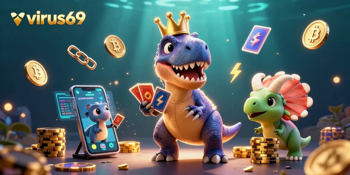 The friendly T-Rex shuffles cards at virus69 while stacking chips showcases a vibrant online gaming atmosphere.
