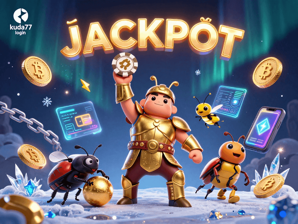 Kuda77 login angkat chip poker di tengah ilustrasi kasino yang meriah dan berwarna-warni.