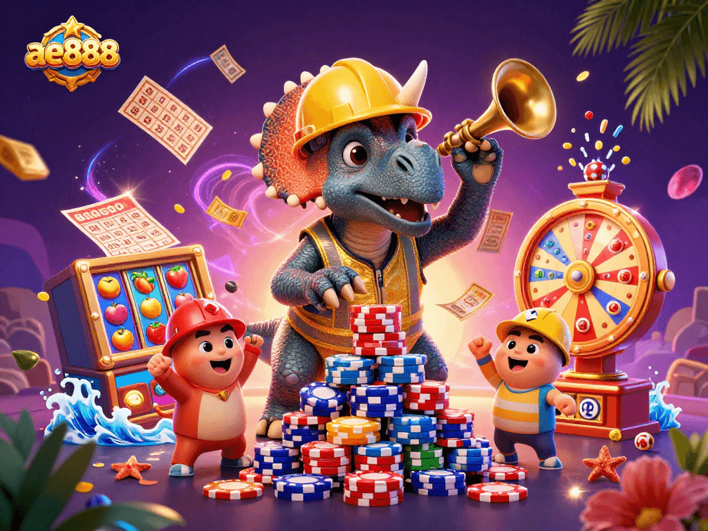 Experience excitement with ae888 as a triceratops builds poker chips, surrounded by slot games fun.