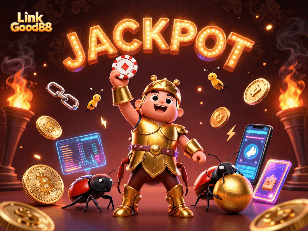 Experience the thrill of gaming at Link Good88 with a victorious beetle character lifting a poker chip.