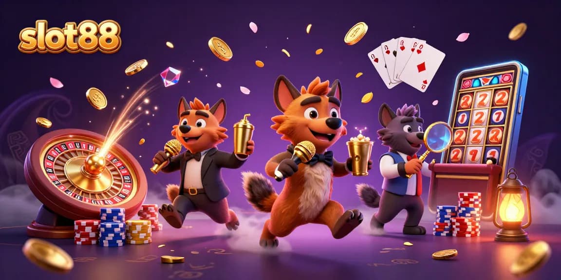 Experience the excitement of slot88 with this vibrant 3D illustration featuring hyenas and casino action.