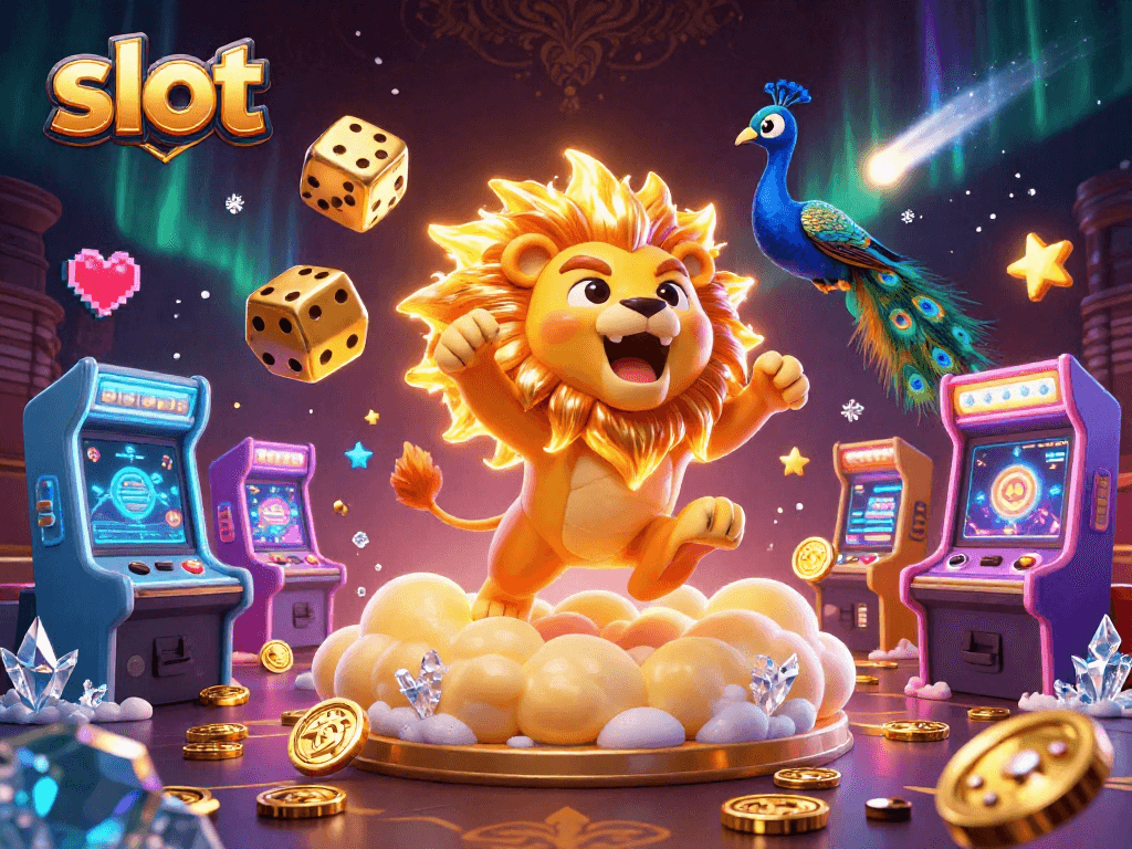 Permainan slot yang menarik dengan lion matahari 3D yang bersinar dan dadu emas, menambahkan sensasi pada pengalaman bermain.