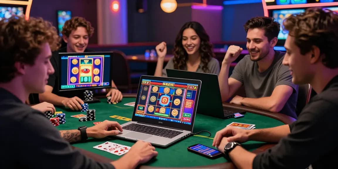 Friends enjoying a slot gacor game on a laptop with poker chips and cards.