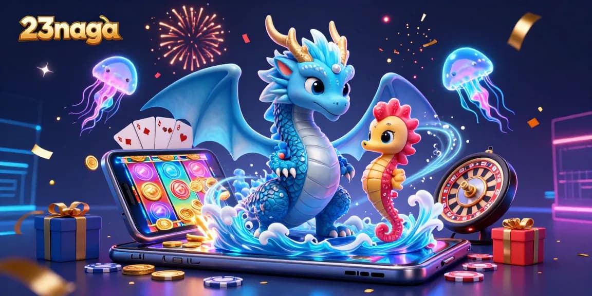 23naga memimpin aksi slot dengan naga dan ksatria seahorse, dikelilingi simbol kasino.