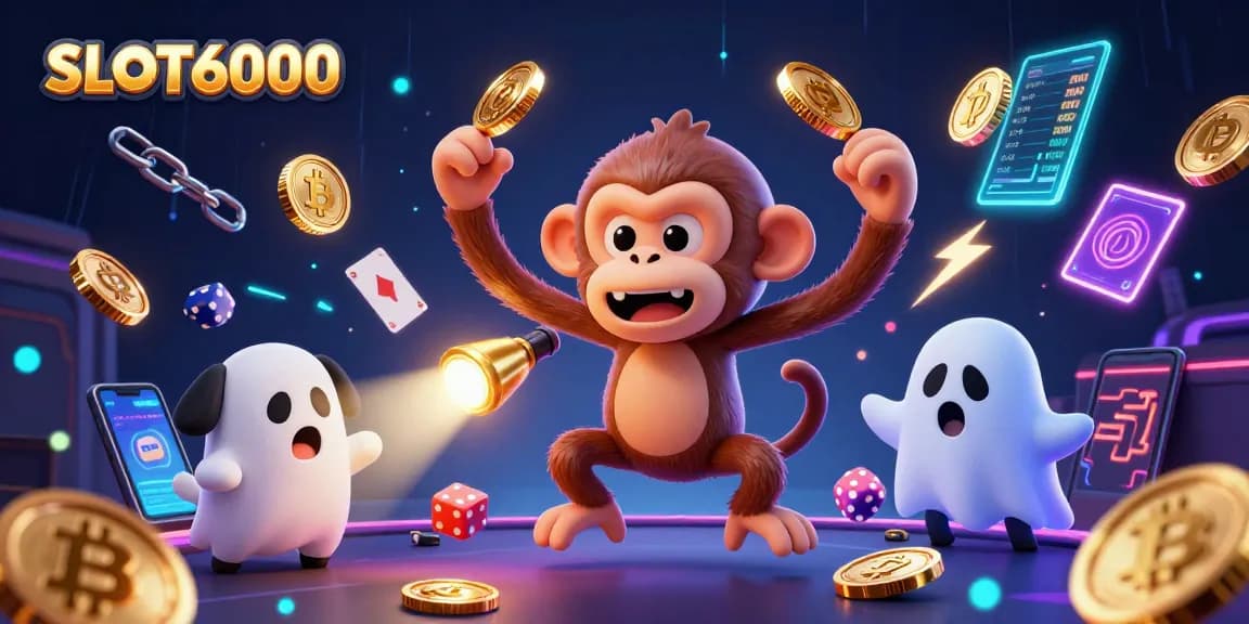 Gambarkan SLOT6000 dengan karakter monyet jin poltergeist yang menjatuhkan koin emas di kasino berhantu.