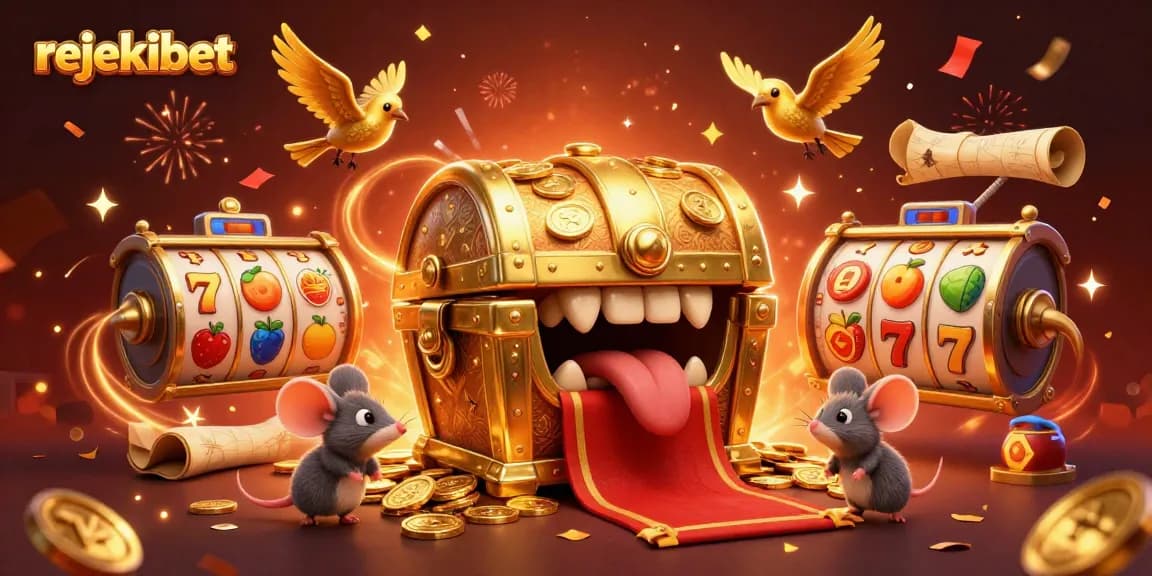 Experience excitement with rejekibet's vibrant treasure chest and spinning slot reels, capturing the thrill of gambling.