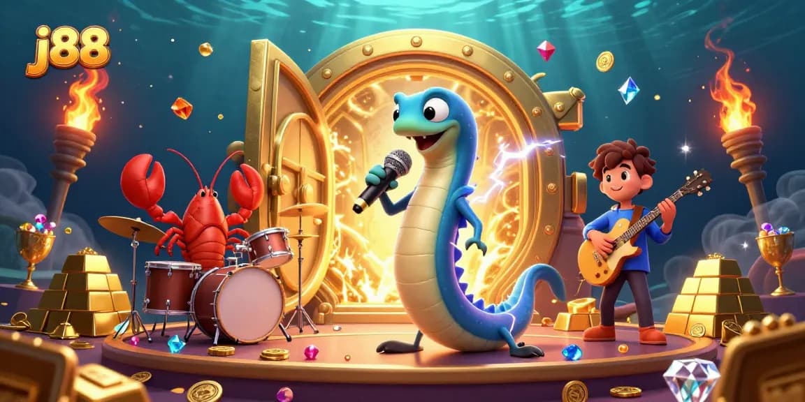 Experience thrilling underwater fun with j88 as an electric eel DJ shines in this casino illustration.