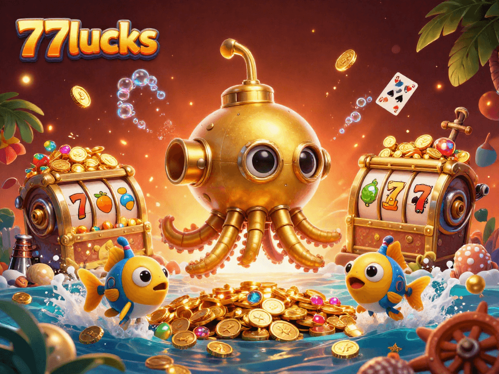 77lucks menampilkan grafik slot yang memukau di tengah lautan koin emas.