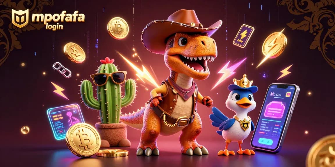 Engage with mpofafa login at this dynamic casino-themed illustration featuring vibrant cartoon characters and crypto elements.