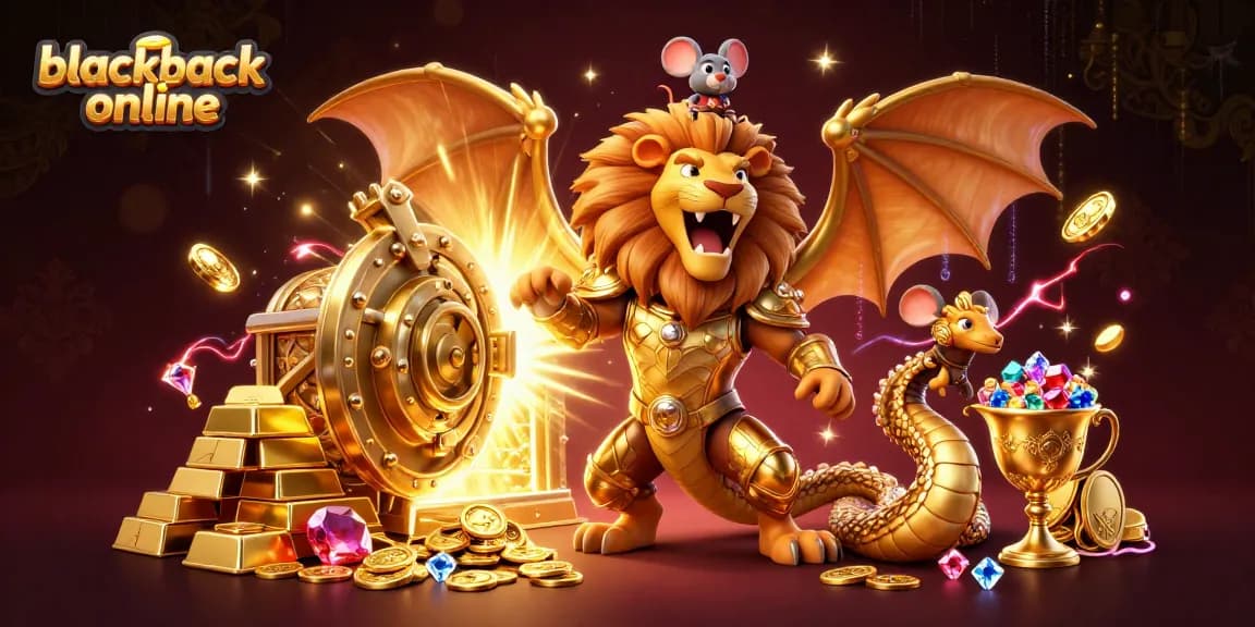 Engage in blackjack online with a vibrant scene showcasing a triumphant chimera, gold, and gems.