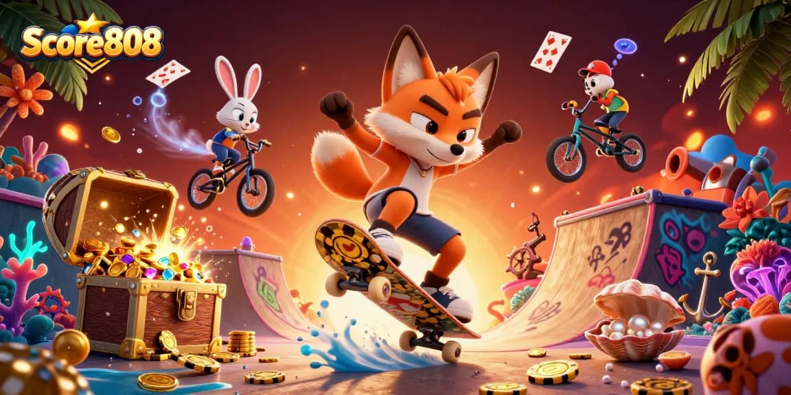 Score808 showcases thrilling action with a skateboarder fox and BMX rabbit in a vibrant casino-themed scene.