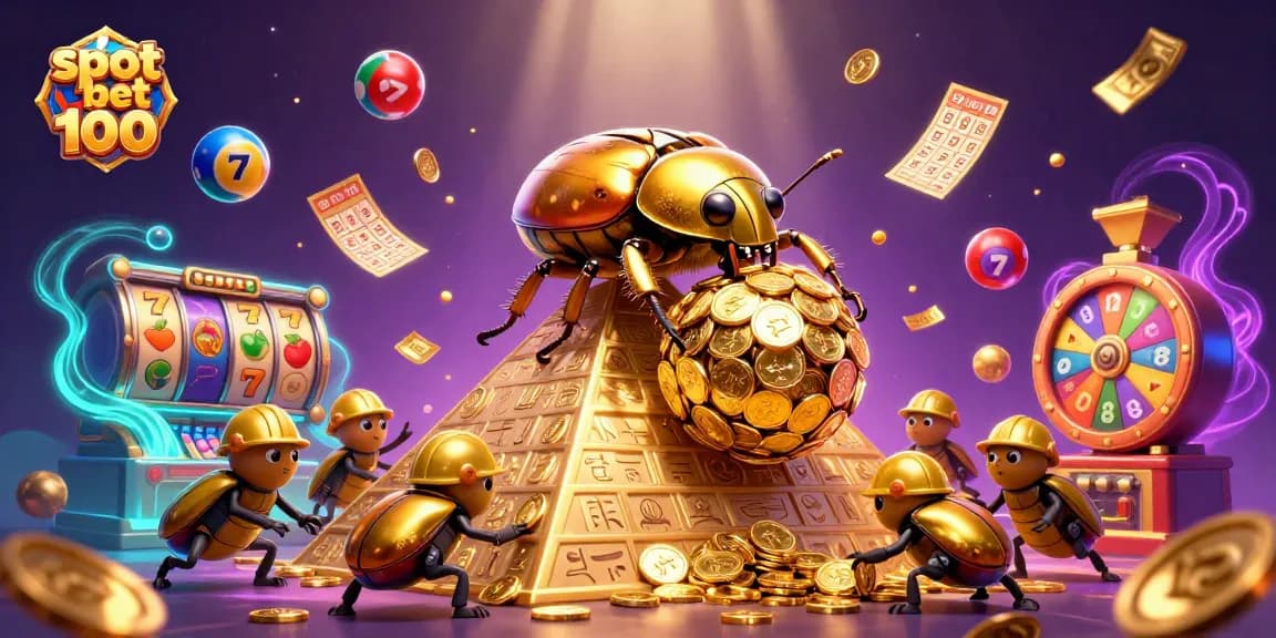 Visualisasi slot bet 100 dengan ilustrasi 3D bergambar kumbang emas besar dan koin emas yang memukau.