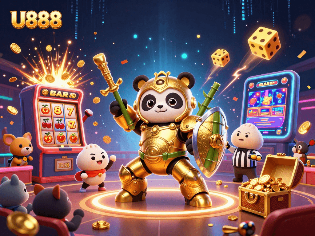 U888 showcases a vibrant casino scene with a golden panda piloting a robot amidst gaming excitement.